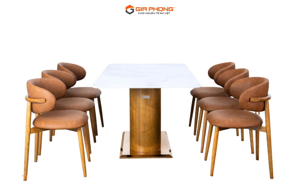 Bàn ăn gỗ teck óc chó pmoc oval - Ghế sồi pmoc bọc nệm