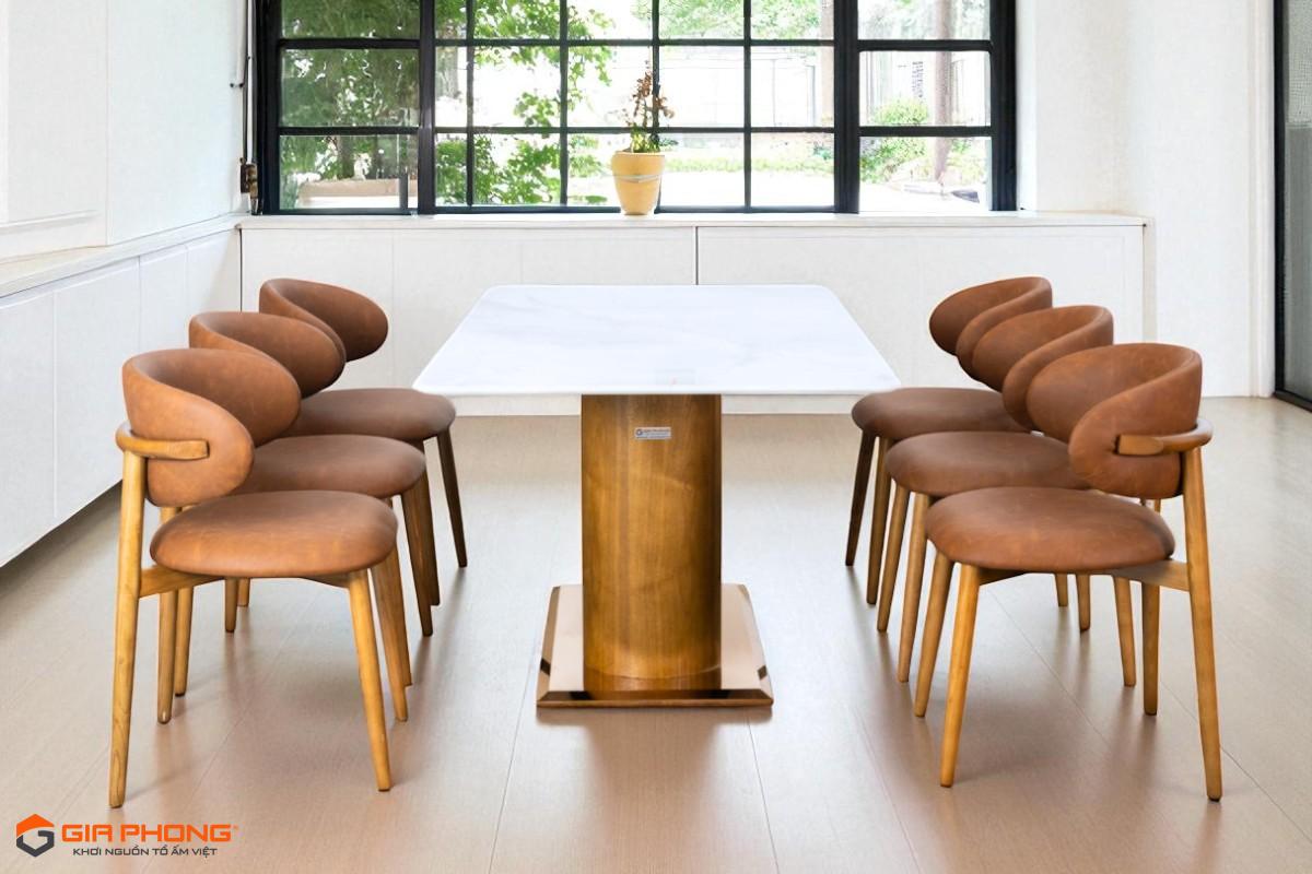 Bàn ăn gỗ teck óc chó pmoc oval Ghế sồi pmoc bọc nệm 2